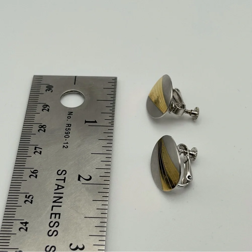 Vintage Napier Silver Tone Gold Striped Clip On Screw Back Earrings